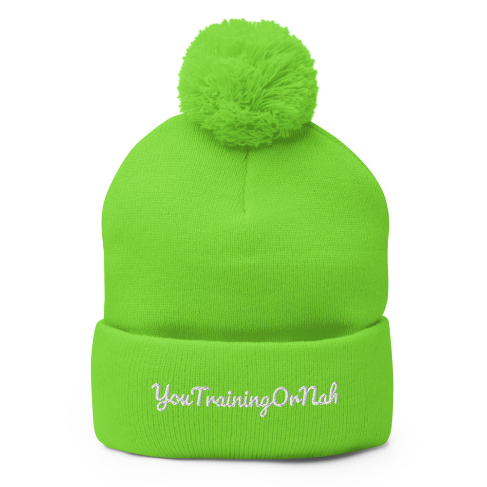 YouTrainingOrNah Scripted Pom-Pom Beanie