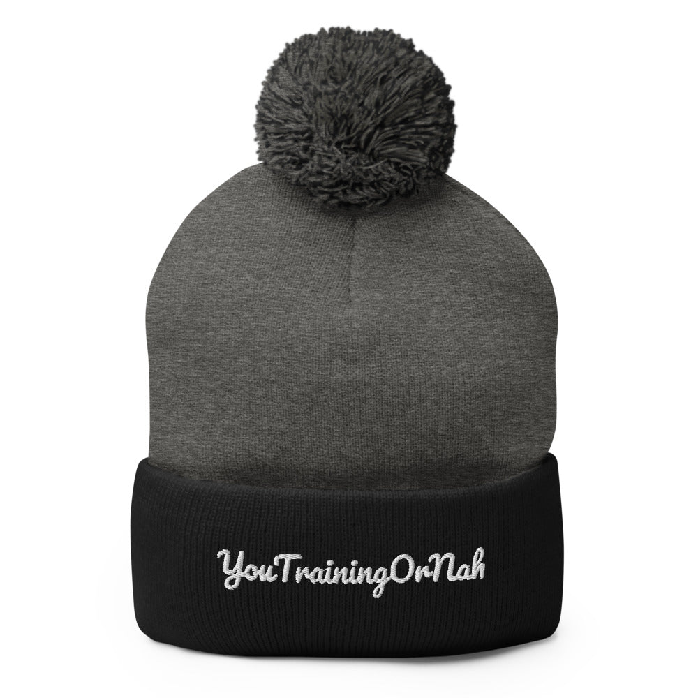 YouTrainingOrNah Scripted Pom-Pom Beanie